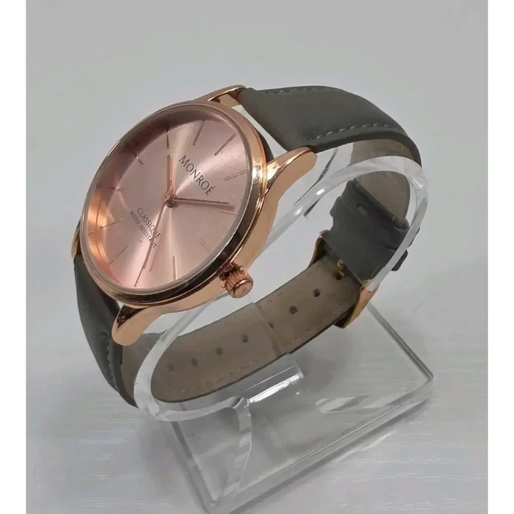 Ladies Monroe by Maestro Rose Gold Tone Watch Gray Leather Band New Battery W283